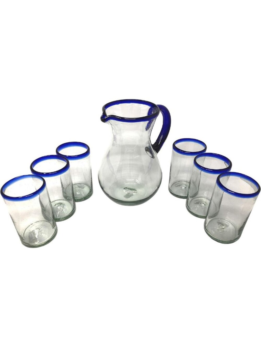 Hand Blown Glass Drinkware Set - 84oz Pitcher & 6 Cobalt Blue Rim Glasses